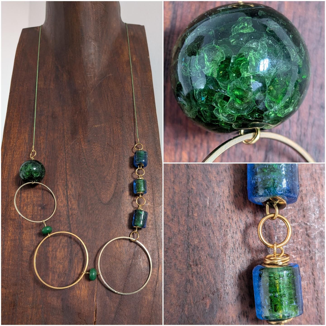 "Bleu -vert" sautoir en perles de verre monté sur fil de jade japonais , résistant réglable - pièce unique -