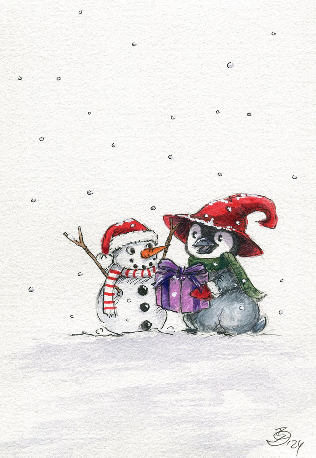 FineArt-Print - kleiner Pinguin überreicht ein Geschenk