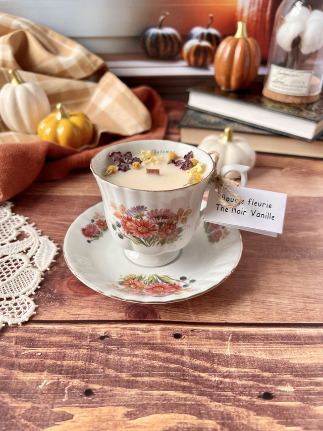 🍁 Bougie Thé noir vanille - tasse à café "Automne" avec sous-tasse