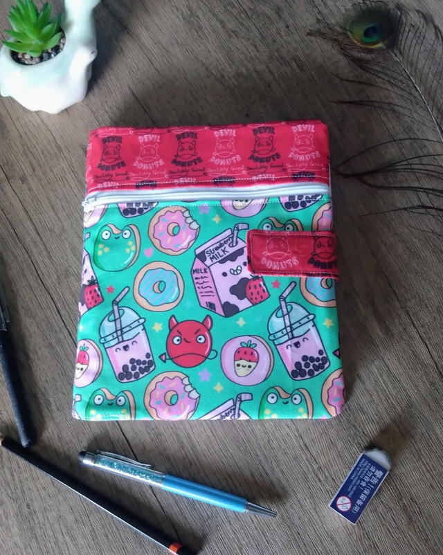 Devil donuts fabric sketchbook cover with pencil case