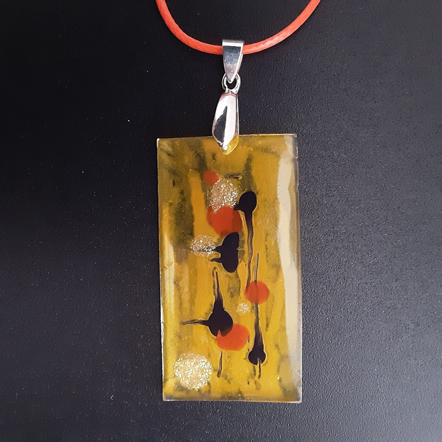 Pendentif grand rectangle collection peinture-fond jaune translucide et décor bleu profond et orange soutenu