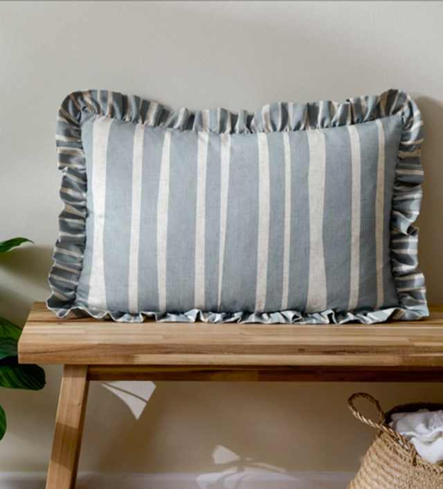 Carmon Stripe Ruffle Cushion Linen/Blue