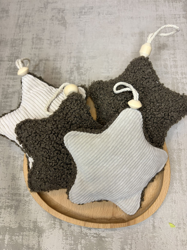 Étoile de Noël à suspendre – Velours côtelé blanc/gris clair &amp; sherpa chocolat