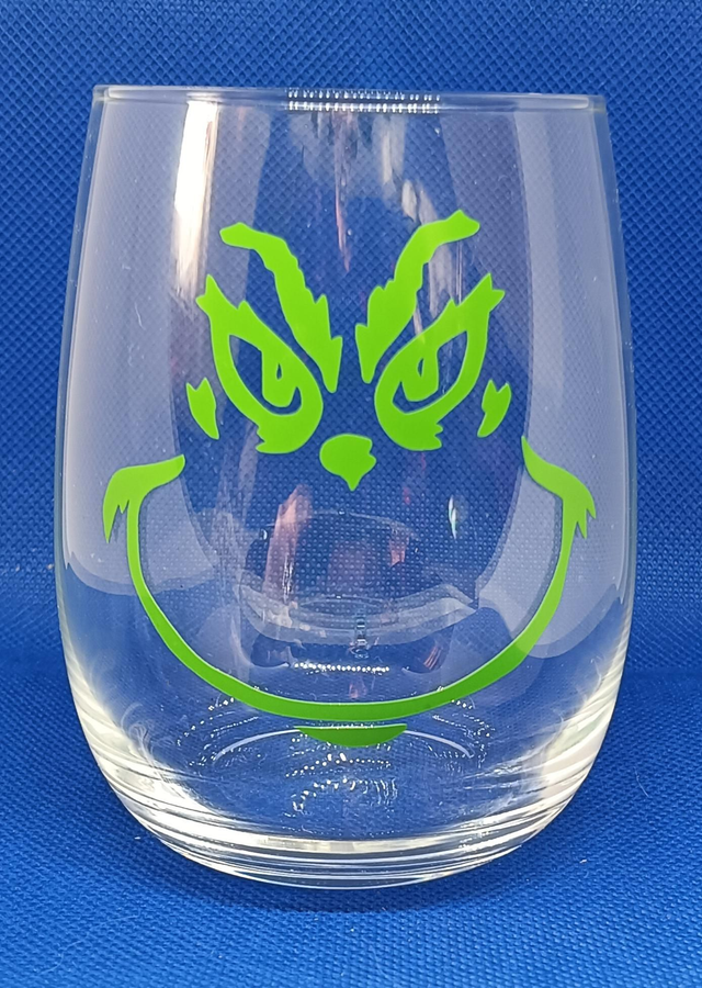 Custom Design Vinyl UV Green The Grinch Face 13oz Glass.