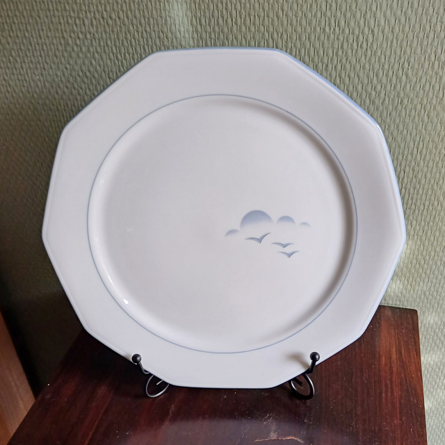 Winterling | Dinerbord  Groot Plat bord (afmetingen 23,5 x 2,5 cm) 10 kantige vorm Wit Blauwe bies &#039;Wolk en Vogels&#039; decor | Vintage