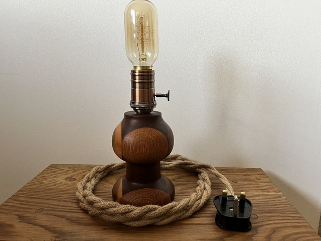 Rustic bedside lamp made of three types of wood, handcrafted.