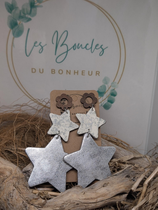 Boucles d&#039;oreilles Double star blanc argenté ds013
