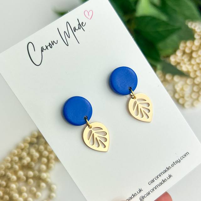 Bright Blue Dangle Earrings with gold leaf charm