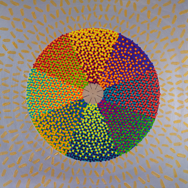 Koło barw, 80x80 akryl płótno kolaż 2019