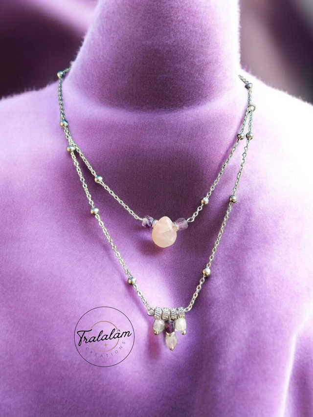 ✨ Collier 2 en 1 argenté goutte quartz rose et perles améthyste  ✨️