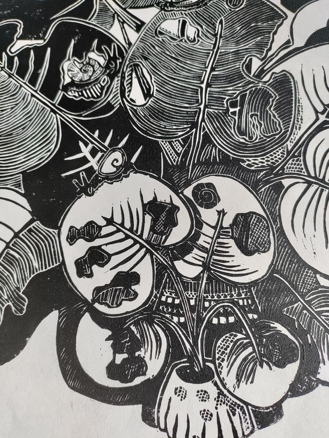 linogravure grande plante à escargots, format A3