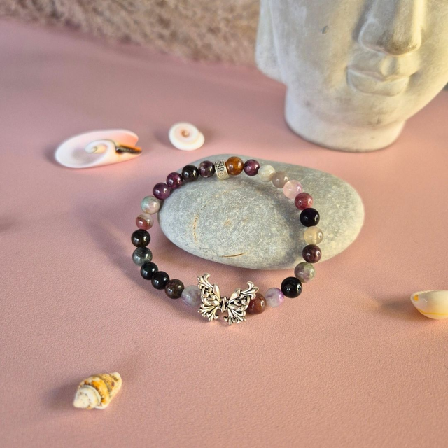 Bracelet élastique AMAZONIA - Tourmaline multicolore & Papillon féérique