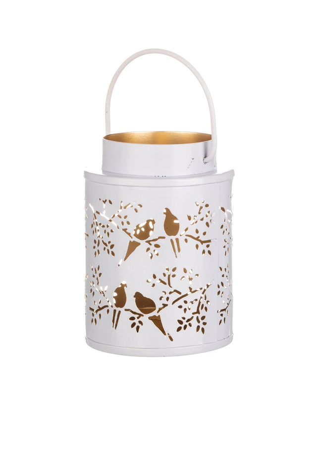White Love Birds Metal Lantern – 13cm Decorative Candle Holder