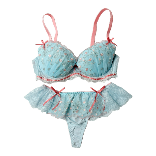 coquette floral garden blue and red bow embroidered bra and underwear set UK 34C, UK 32D 