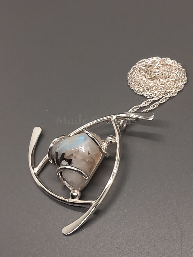Unique Moonstone Tourmaline Sterling Silver Pendant Necklace