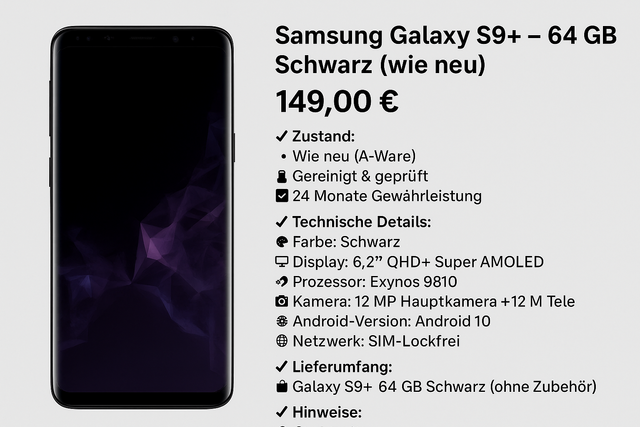📱 Samsung Galaxy S9+ – 64 GB – Schwarz (wie neu)
