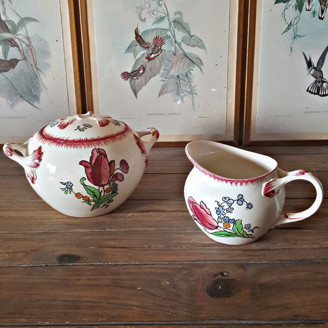 Pot à lait et sucrier Gien Lorraine, décor floral années 50