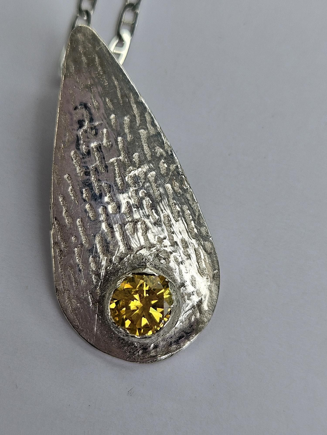 Teardrop with citerine cubic zirconia fine silver pendant 