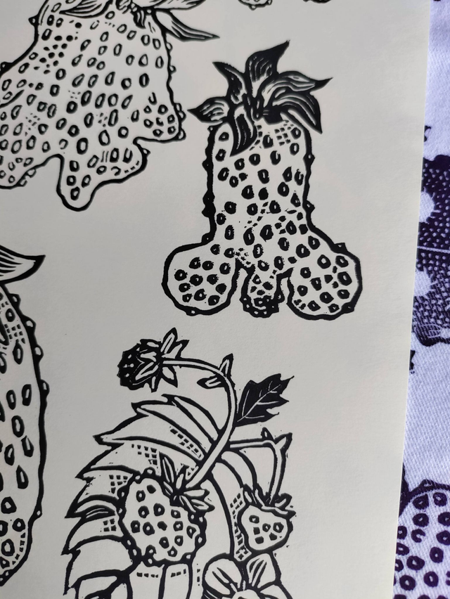 impression linogravure fraises "Collection" 24X32cm