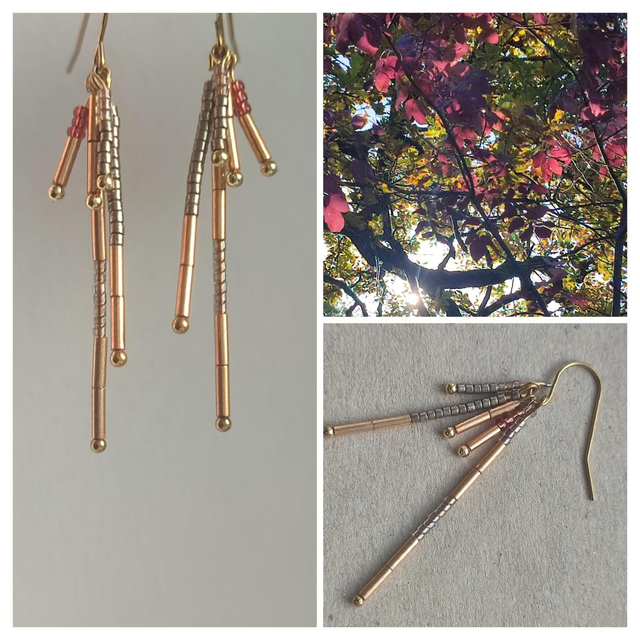 Boucles d'oreilles en verre miyuki prune et or, acier inoxydable doré -sans nickel, pièce unique 