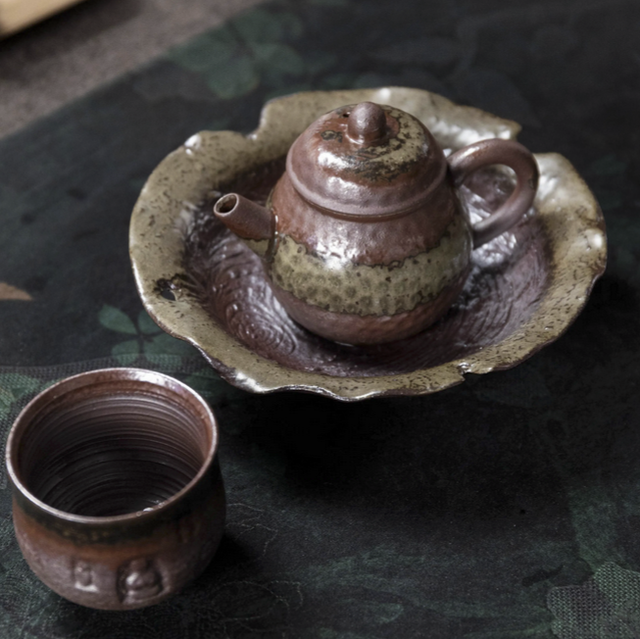 Three-piece set of coarse pottery pear-shaped water jug【粗陶清水梨形壶三件套】