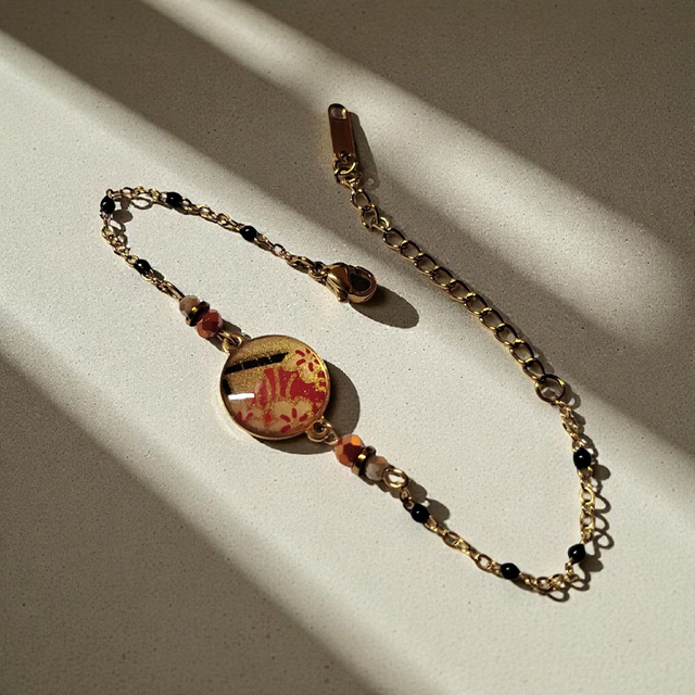 bracelet acier inoxydable motifs japonais rouge et doré