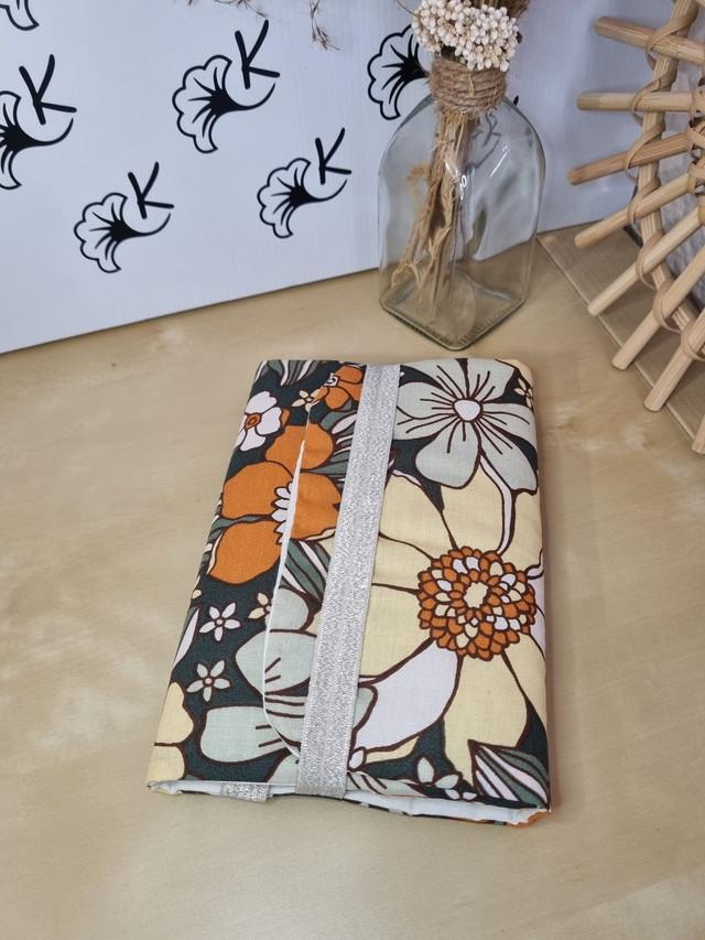 Couvre-livre universel format poche 12x18cm coton fleuri/coton uni 