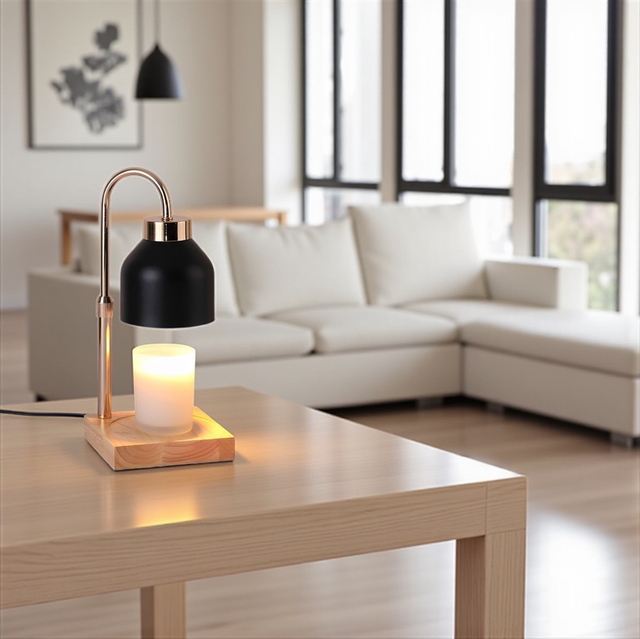 Matte Black Metal &amp; Light Wood Electric Candle Warmer