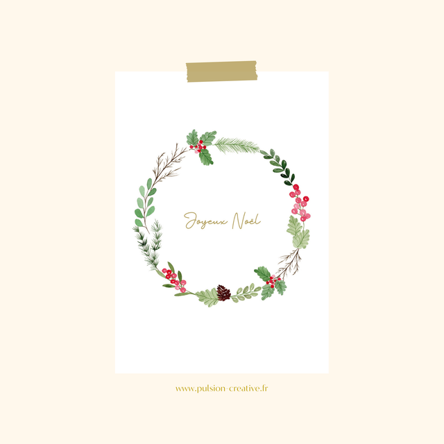Carte de voeux aquarelle - Couronne Joyeux Noël