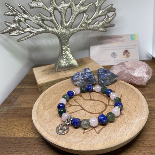 🌸♉️🍀Bracelet Signe Taureau Quartz rose, Lapis Lazuli et Agate mousse