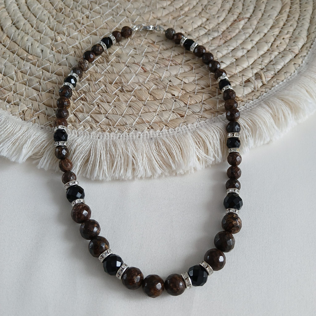 Dames ketting Bronziet en Onyx - rvs spacers (1.314-1)