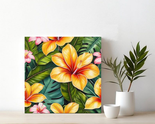 Tableau Hibiscus Haven 🌺 | Peinture Florale Vibrante – Décoration Murale Exotique 🎨