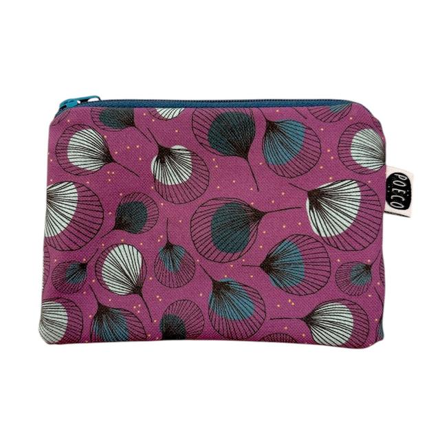 Trousse porte-monnaie -  PLUMES vertes fond prune