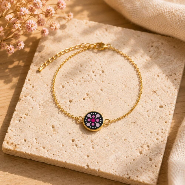 Bracelet mandala rose en acier inoxydable doré – Peint à la main