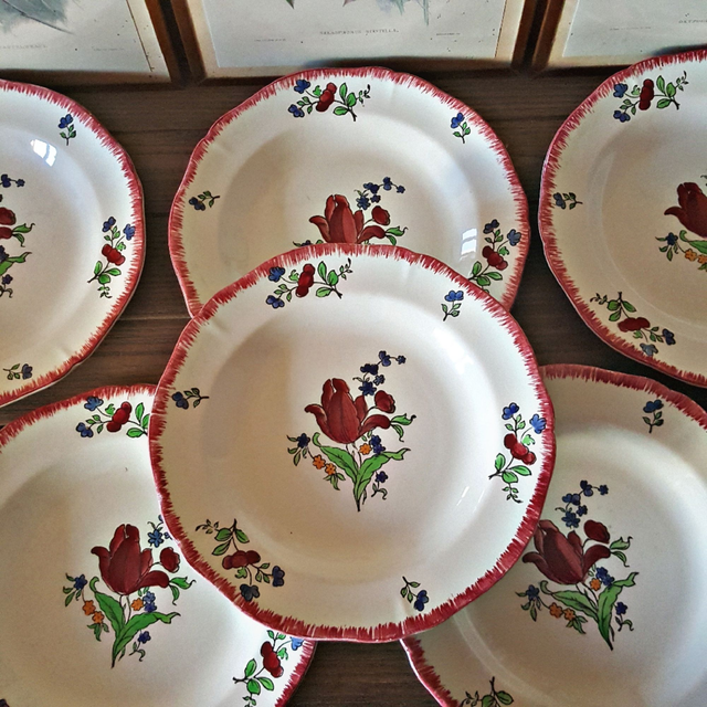 X Assiettes creuses Gien Lorraine, peintes à la main