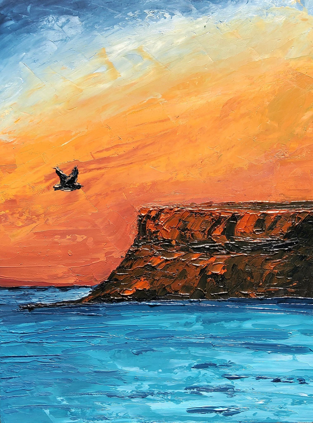 Sunset over Huntcliff Saltburn, original oil painting on wood. 