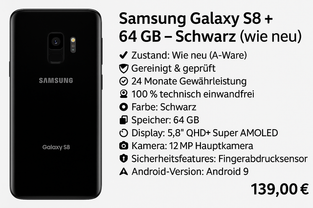 📱 Samsung Galaxy S8 PLUS – 64 GB – Schwarz (wie neu)