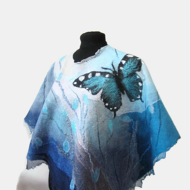Poncho feltro lana merino sik Poncho fatto a mano donna turchese farfalla blu regalo unico per lei