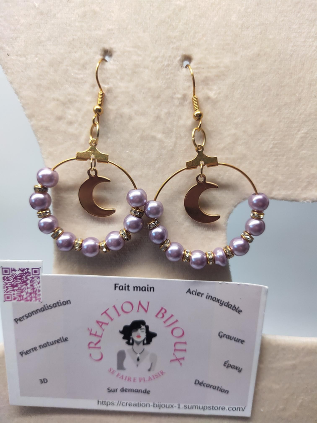 Boucle d'oreille créole perle et lune