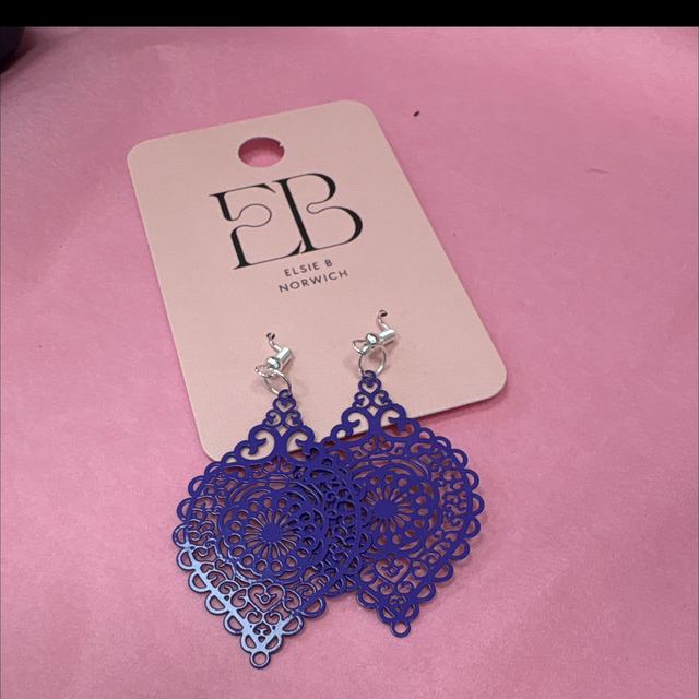 Purple metal lace drop earrings silver hoop