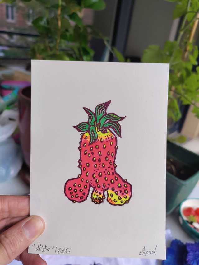 impression linogravure fraises étranges 10X14.5 cm