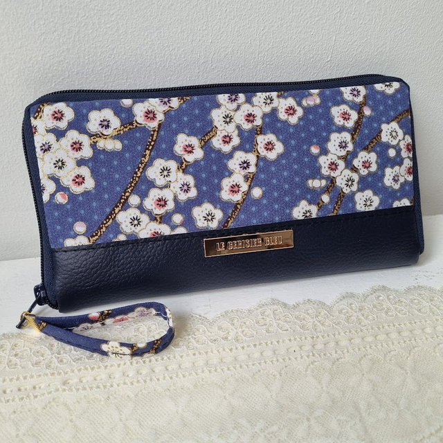 Portefeuille long zippé "Haruka" bleu & simili cuir bleu marine
