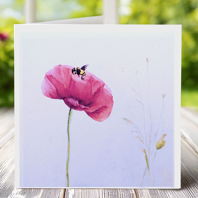 Red Poppy Greetings card with a Poppy and Bee design, handmade. 