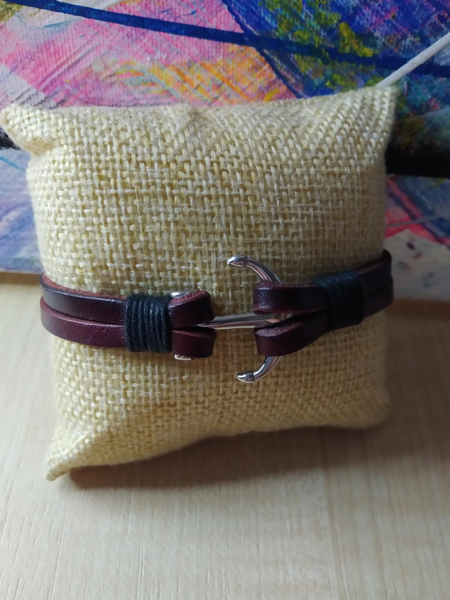 Bracelet cuir double lanières brun petite ancre