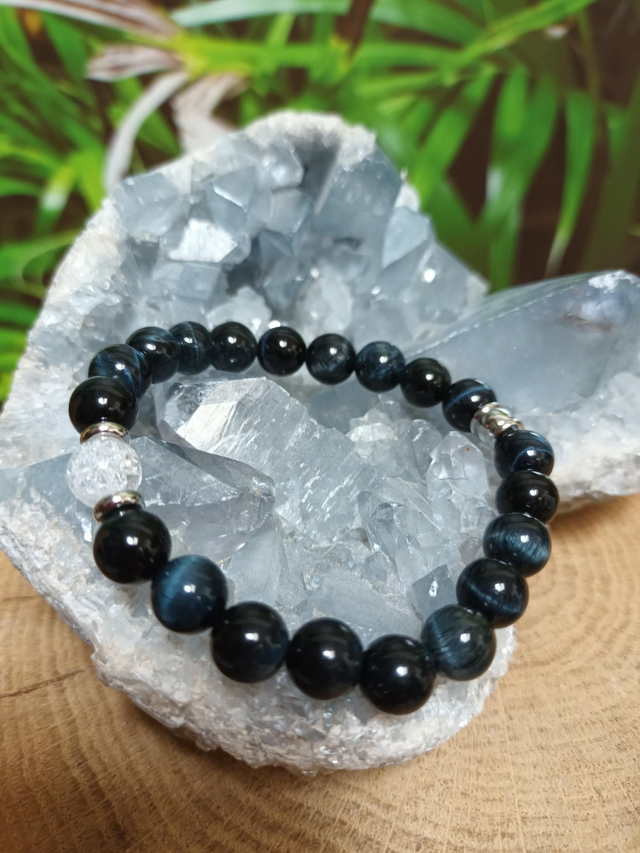 Bracelet en œil de faucon et cristal de roche