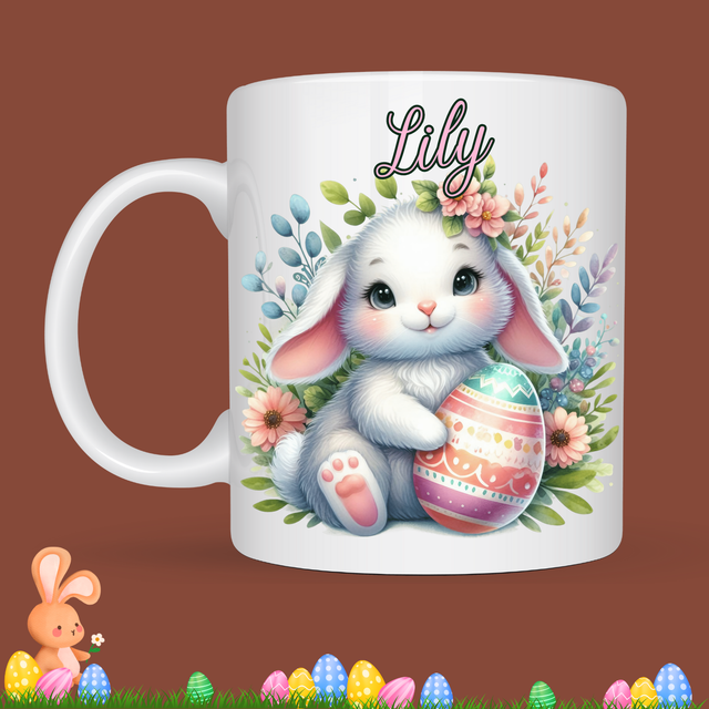 Mug de Pâques "Lapin et son oeuf", prénom au choix 