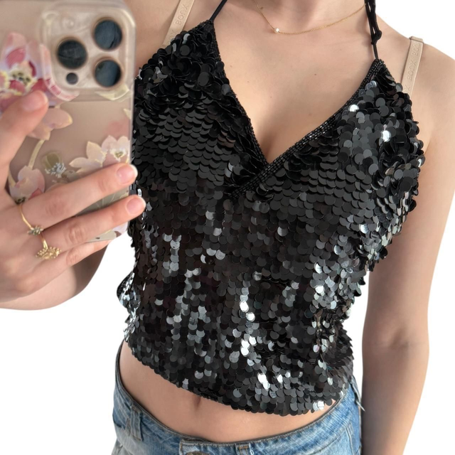 y2k motivi black sequin backless cami top 