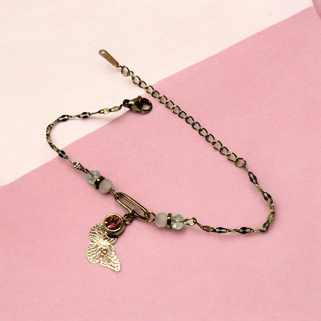 Bracelet acier inoxydable et strass rose et doré