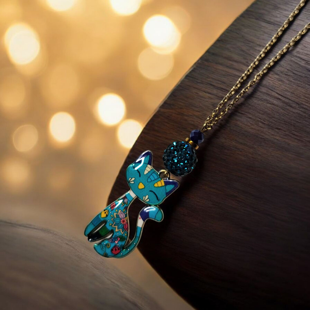 Collier acier inoxydable et cristal vert canard et bleu chat