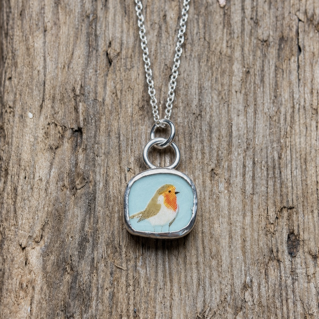 Recycled Pottery “Robin” &amp; Recycled Silver Pendant 